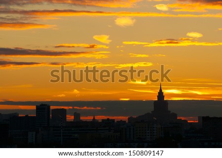 Sunset Glow and  Silhouetted skyline of Moscow-2 It is the stunning sunset glow of Moscow. The Silhouette of Moscow skyline and skyscrapers are so beautiful. Triumph Palace is on the right side.