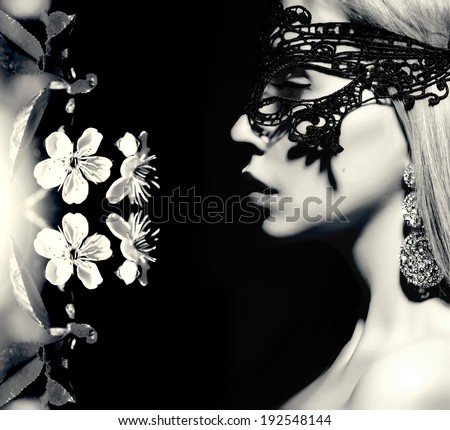 mysterious woman profile and cherry flowers black and white