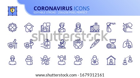 Outline icons about  Coronavirus prevention and symptoms. Health care.  Editable stroke. Vector - 256x256 pixel perfect.