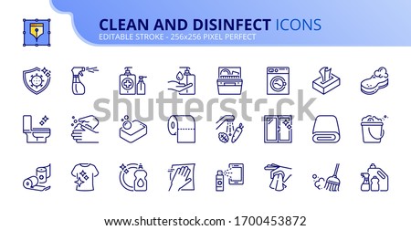 Outline icons about clean and disinfect.  Contains such icons as cleaning and sanitizer products, clean surfaces, clothes, food and hands. Editable stroke. Vector - 256x256 pixel perfect. Photo stock © 