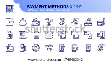 Outline icons about payment methods. Shopping. Contains such icons as wallet, coin, credit card, money, one click, check and contactless biometric payment. Editable stroke Vector 256x256 pixel perfect