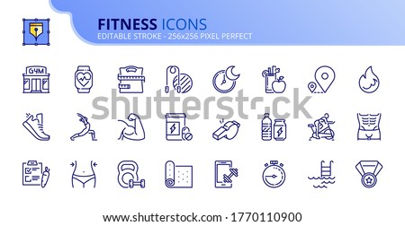 Outline icons about fitness. Healthcare. Contains such icons as gym, training, sports, running, diet, body building, yoga and equipment. Editable stroke Vector 256x256 pixel perfect Stock foto © 