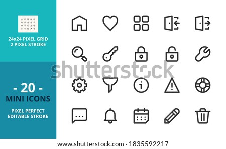 Mini line icons about interface. Contains such icons as home, lock, edit, delete, search, settings and calendar. Editable stroke. Vector - 24 pixel perfect grid.