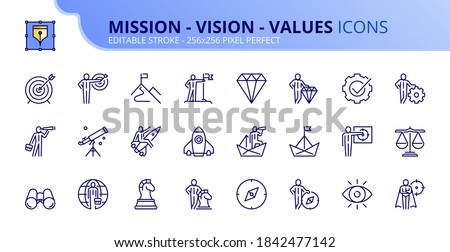 Outline icons about mission, vision and values. Business concepts. Contains such icons as businessman with binoculars, compass, spyglass, target and flag. Editable stroke Vector 256x256 pixel perfect