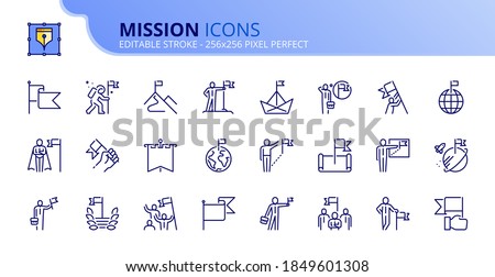 Outline icons about mission. Business concepts. Contains such icons as businessman with flag, achievement and goal. Editable stroke Vector 256x256 pixel perfect