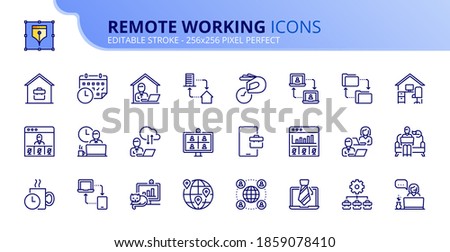 Outline icons about remote working. Business concepts. Contains such icons as work at home, outsourcing, freelance, video meeting and remote team. Editable stroke Vector 256x256 pixel perfect