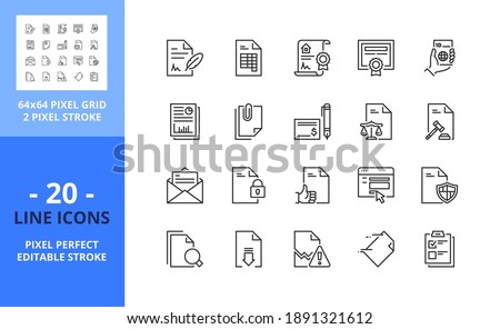 Line icons about documents. Contains such icons as file, download, search, attachment, checklist, legal, and audit. Editable stroke. Vector - 64 pixel perfect grid.