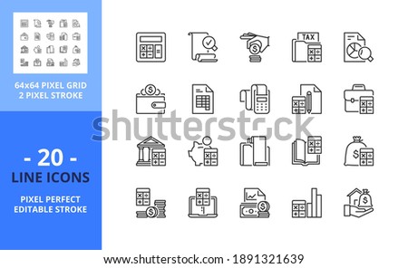 Line icons about accounting. Contains such icons as finances, audit, assets, revenue, ledger, money, banking, TAX, loan, calculator and economy. Editable stroke. Vector - 64 pixel perfect grid.