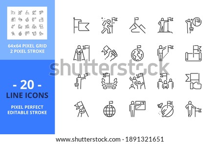 Line icons about mission. Contains such icons as flag, businessman, pioneering, climb up, success, leadership, and new horizons. Editable stroke. Vector - 64 pixel perfect grid.