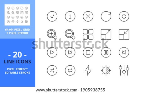 Line icons about interface 3. Contains such icons as delete, refresh, validate, power, play, stop, settings and resize. Editable stroke. Vector - 64 pixel perfect grid