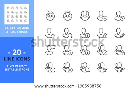 Line icons about  user and avatar. Interface. Contains such icons as add, delete, block, search, checked, edit, favorite and comment. Editable stroke. Vector - 64 pixel perfect grid