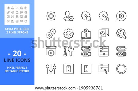 Line icons about settings and controls. Contains such icons as interface, application, on, off, button, options and maintenance. Editable stroke. Vector - 64 pixel perfect grid Stockfoto © 