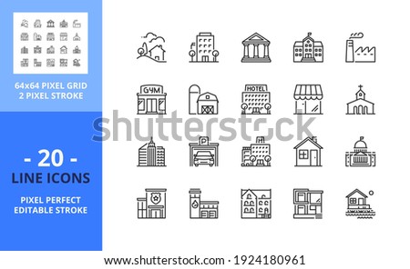 Line icons about buildings. Contains such icons as decoration, bells, stocking and Santa Claus. Editable stroke. Vector - 64 pixel perfect grid