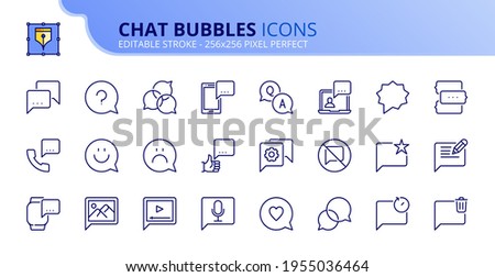 Outline icons about chat bubbles. Communication concepts. Contains such icons as instant messaging, social media, video, audio, pictures and emoji. Editable stroke Vector 256x256 pixel perfect