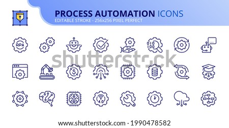 Outline icons about process automation. Contains such icons as robotic, algorithm, artificial intelligence, big data, deep and machine learning. Editable stroke Vector 256x256 pixel perfect