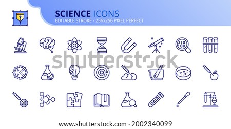 Outline icons about science. Contains such icons as laboratory, vaccine,  chemistry, artificial intelligence, gmo, and nano technology. Editable stroke 