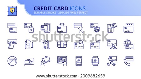 Outline icons about credit card. Finances concept. Contains such icons as payment, chip, swipe magnetic, tap card and contactless. Editable stroke Vector 256x256 pixel perfect