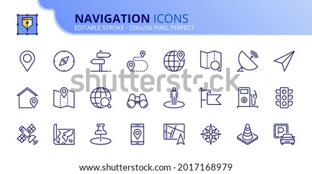 Outline icons about navigation. Technology concept. Contains such icons as location, search route, pinpoint, GPS, maps and traffic info. Editable stroke Vector 256x256 pixel perfect