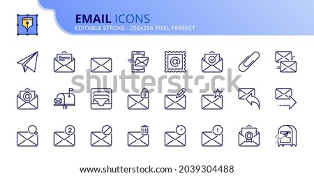 Outline icons about email. Technology and communication concept. Contains such icons as mail, inbox, reply, edit, send and mailbox. Editable stroke Vector 256x256 pixel perfect