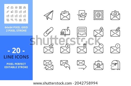 Line icons about email. Technology and communication concept. Contains such icons as mail, inbox, reply, edit, send and mailbox. Editable stroke. Vector - 64 pixel perfect grid