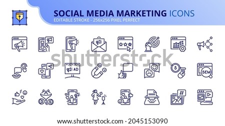 Outline icons about social media marketing. Contains such icons as SEM, followers, content, rating, ad, testimonials, influencer and viral. Editable stroke Vector 256x256 pixel perfect