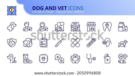 Outline icons about dogs and vet. Pets. Contains such icons as health care, dental care, test, vaccines, diagnosis, x-ray, deworming, and urgency. Editable stroke Vector 256x256 pixel perfect