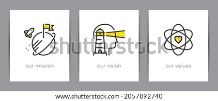 Our mission, our vision and our values. Business concept. Web page template. Metaphors with icons such as rocket landing, lighthouse and core values