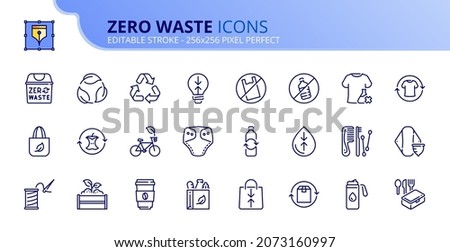 Outline icons about zero waste. Ecology concept. Contains such icons as refuse, reduce, reuse, recycle and rot. Editable stroke Vector 256x256 pixel perfect