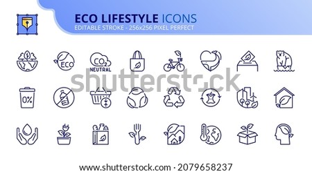 Outline icons about eco lifestyle. Ecology concept. Contains such icons as CO2 neutral, zero waste, use bike, green energy and global warming. Editable stroke Vector 256x256 pixel perfect Foto stock © 