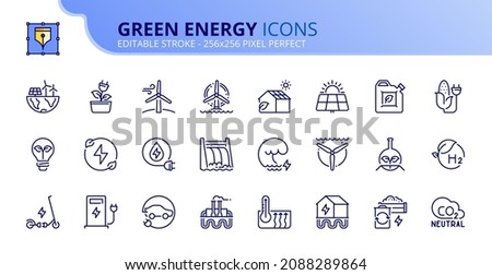 Outline icons about green energy. Ecology concept. Contains such icons as CO2 neutral, solar, geothermal and wind energy, hydropower, biofuel and biomass. Editable stroke Vector 256x256 pixel perfect