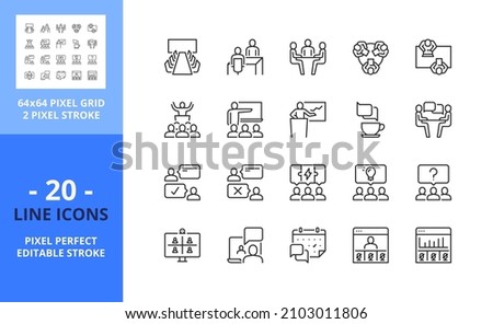 Line icons about meeting. Business concept. Contains such icons as conference, interview, presentation, webinar, teamwork and coworking. Editable stroke. Vector - 64 pixel perfect grid