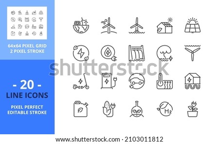 Line icons about green energy. Ecology concept. Contains such icons as CO2 neutral, solar, geothermal and wind energy, hydropower, biofuel and biomass. Editable stroke. Vector - 64 pixel perfect grid