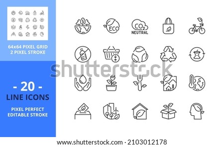 Line icons about eco lifestyle. Ecology concept. Contains such icons as CO2 neutral, zero waste, use bike, green energy and global warming. Editable stroke. Vector - 64 pixel perfect grid