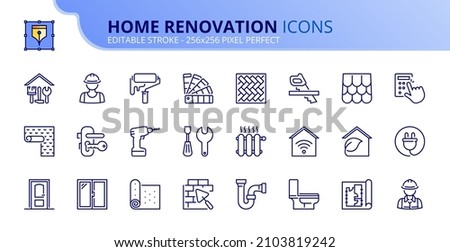 Outline icons about home renovation. Contains such icons as repair, tools, building materials, worker, sanitary, carpentry, architecture  and decor. Editable stroke Vector 256x256 pixel perfect Foto stock © 