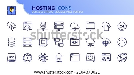 Outline icons about hosting and cloud network. Contains such icons as database, folder, file, transfer, SSL, DNS, VPN, VPS andd domain. Editable stroke Vector 256x256 pixel perfect