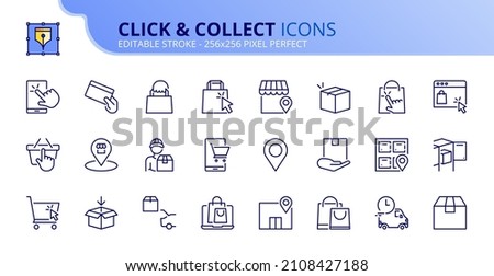 Outline icons about click and collect. Contains such icons as shopping, buy online, select location, store, locker, collect and pick up. Editable stroke Vector 256x256 pixel perfect Foto d'archivio © 