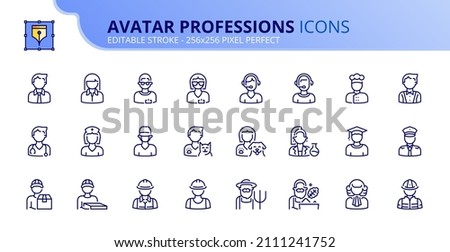 Outline icons about avatar professions. Contains such icons as businessman, police, chef, telemarketer, shopkeeper, waiter, doctor and veterinary. Editable stroke Vector 256x256 pixel perfect