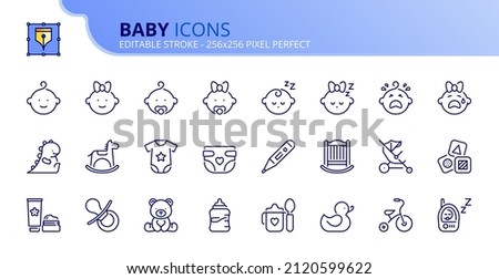 Outline icons about baby. Contains such icons as baby boy, baby girl, toys, pacifier, diaper, clothes, cradle, feeding bottle and stroller. Editable stroke Vector 256x256 pixel perfect
