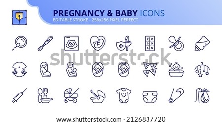 Outline icons about pregnancy and baby. Contains such icons as baby boy, baby girl, pacifier, breastfeeding, clothes, room, feeding bottle and stroller. Editable stroke Vector 256x256 pixel perfect