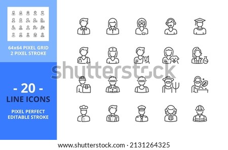 Line icons about avatar professions. Contains such icons as businessman, police, chef, telemarketer, shopkeeper, waiter, doctor and veterinary. Editable stroke. Vector - 64 pixel perfect grid