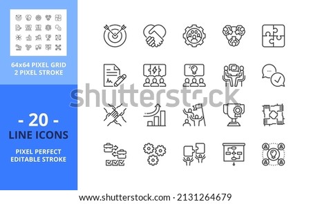 Line icons about partnership. Contains such icons as business, win-win, trust, collaboration, goals, teamwork, share, performance, knowledge and planning. Editable stroke. Vector  64 pixel perfect