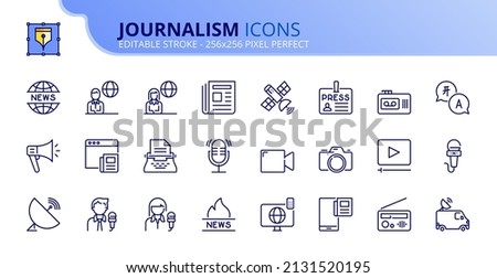 Outline icons  about journalism. Contains such icons as communication, news, tv, radio, newspaper, digital media and journalist. Editable stroke Vector 256x256 pixel perfect