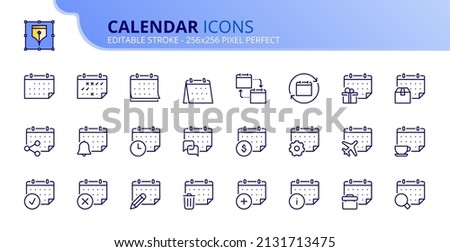 Outline icons about calendar. Contains such icons as meeting, break time, events, holidays, trip, work schedule and management. Editable stroke Vector 256x256 pixel perfect