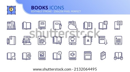 Outline icons about books. Contains such icons as ereader, reading, library, ebook, notebook, magazine, audiobook and guides. Editable stroke Vector 256x256 pixel perfect