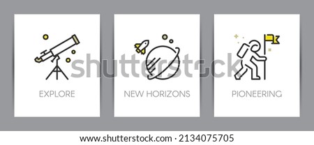 Vision and mission core values. Explore, new horizons and pioneering. Business concept. Web page template. Metaphors with icons such as space, planets, telescope, rocket and astronaut.