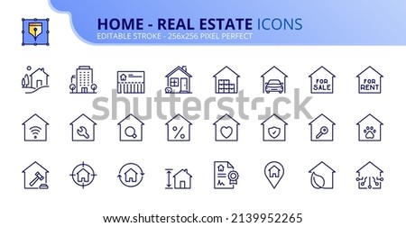 Line icons about home and real estate. Contains such icons as country house, apartments, search for sale or for rent, mortgage and insurance. Editable stroke Vector 256x256 pixel perfect