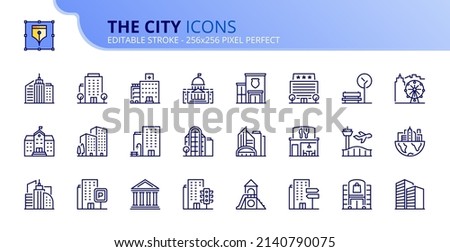 Line icons about the city. Contains such icons as apartments, office, bank, hospital, buildings, skyscraper, mall and park. Editable stroke Vector 256x256 pixel perfect Сток-фото © 