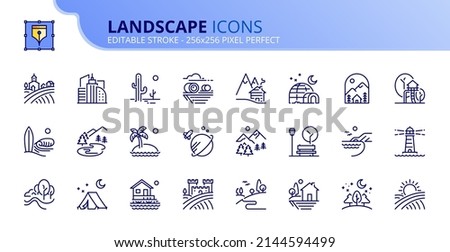 Line icons  about the landscape. Contains such icons as fields, mountains, island, grove, beach, desert and arctic. Editable stroke Vector 256x256 pixel perfect