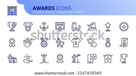 Line icons about awards and acknowledgements. Contains such icons as medal, trophy, the best, achievement, excellence and certificate. Editable stroke Vector 256x256 pixel perfect