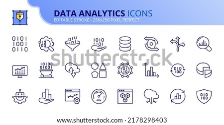 Line icons about data analytics. Contains such icons as mining, processing, monitoring, modeling and management big data and statistics. Editable stroke Vector 256x256 pixel perfect